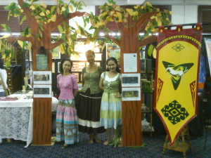 WBD Two Trees: Two trees flanked the entrance into Eorlingas booth in 2008 World Book Day event.