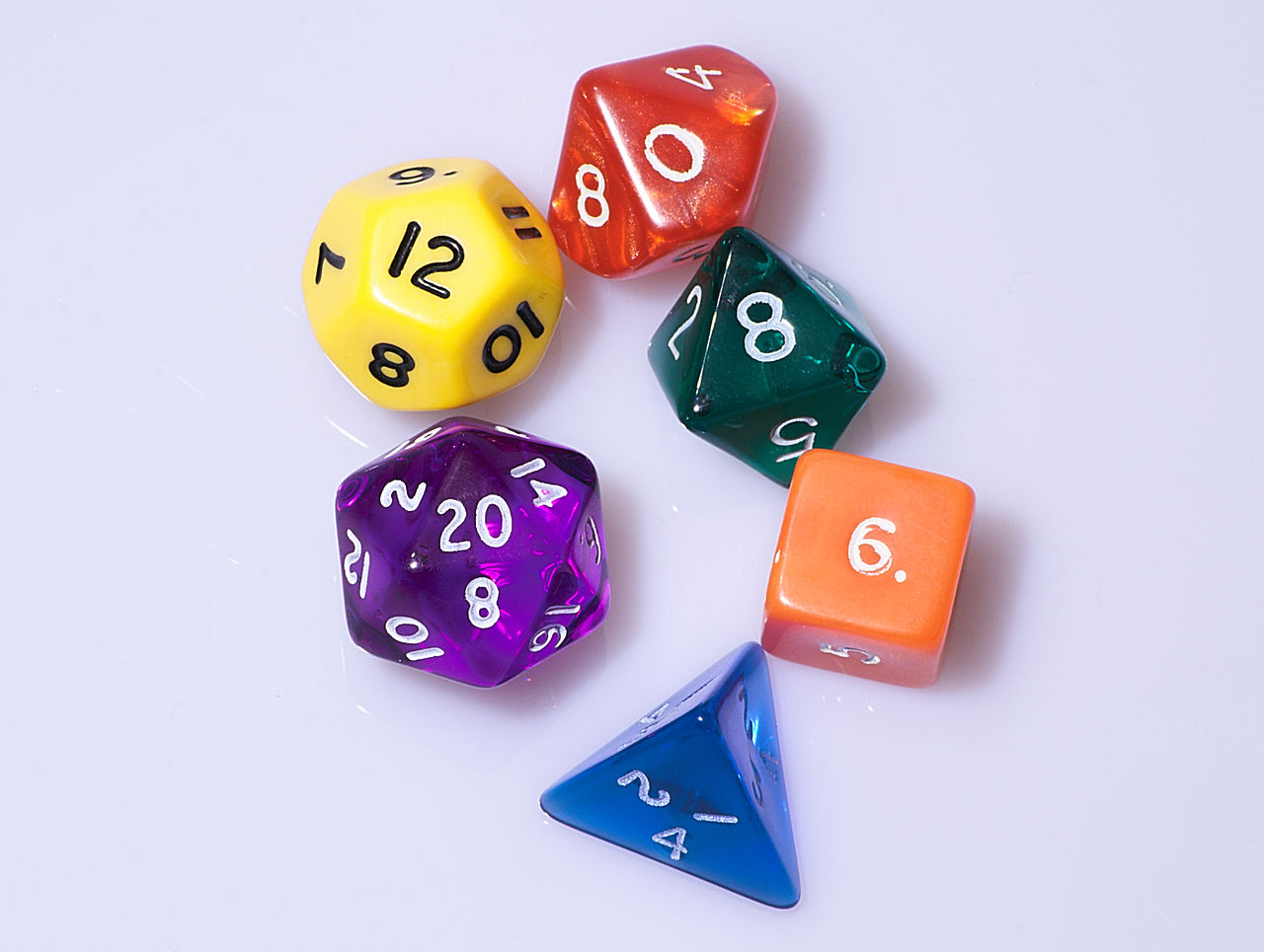 Six dice of various colours. 4-sided die, 6-sided die, 8-sided die, 10-sided die, 12-sided die and 20-sided die