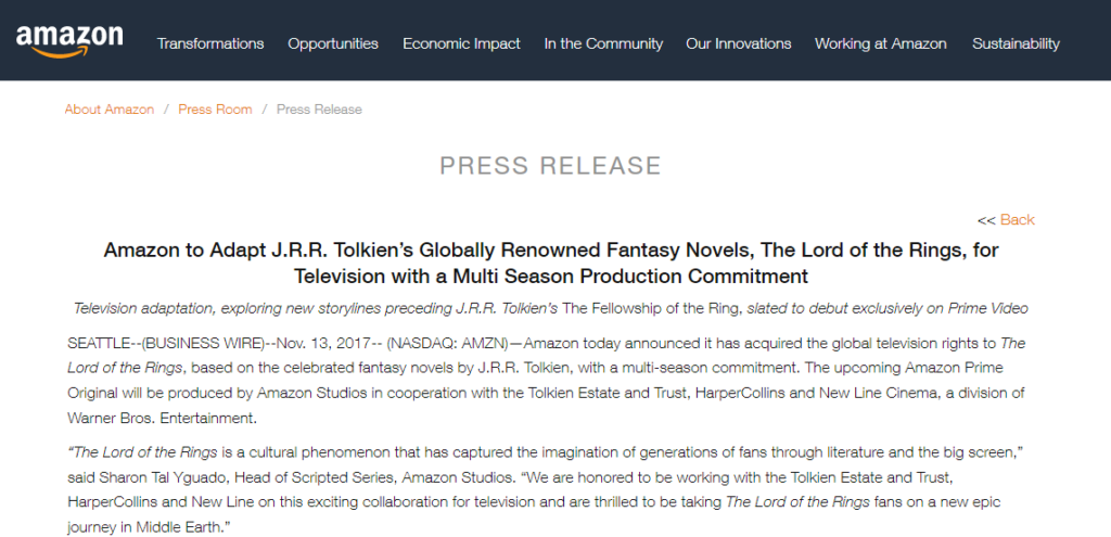 Amazon Studies announce "LotR" television series