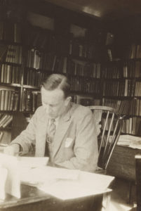 J.R.R. Tolkien in his study, ca. 1937, black and white photograph. Tolkien Trust, MS. Tolkien photogr. 5, fol. 94. © The Tolkien Trust 2015.