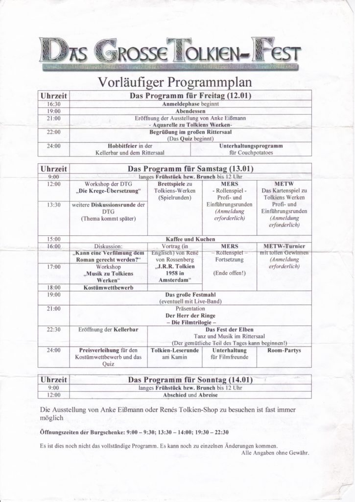 Tolkien Fest 2001, program flyer