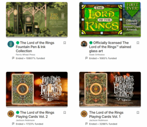 A sample of Lord of the Rings-related Kickstarter projects