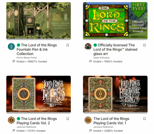 A sample of Lord of the Rings-related Kickstarter projects