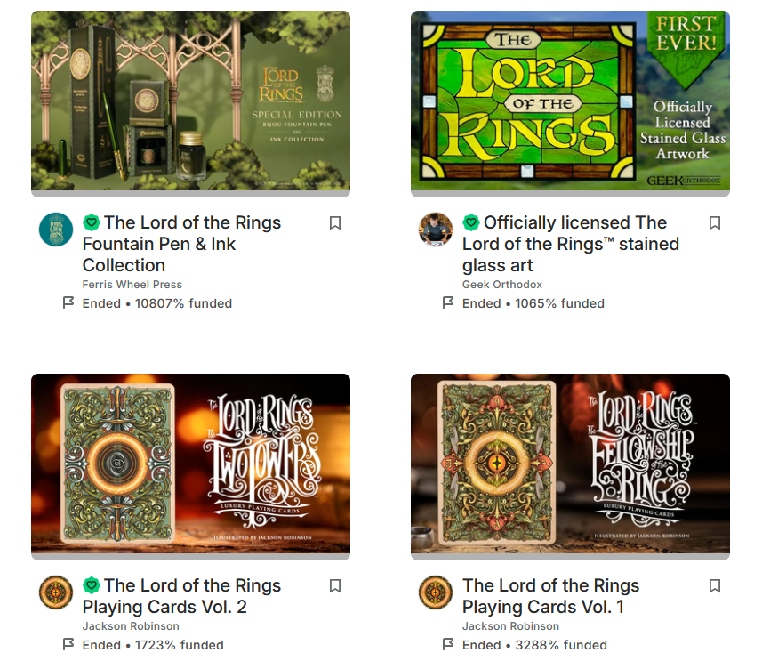 A sample of Lord of the Rings-related Kickstarter projects
